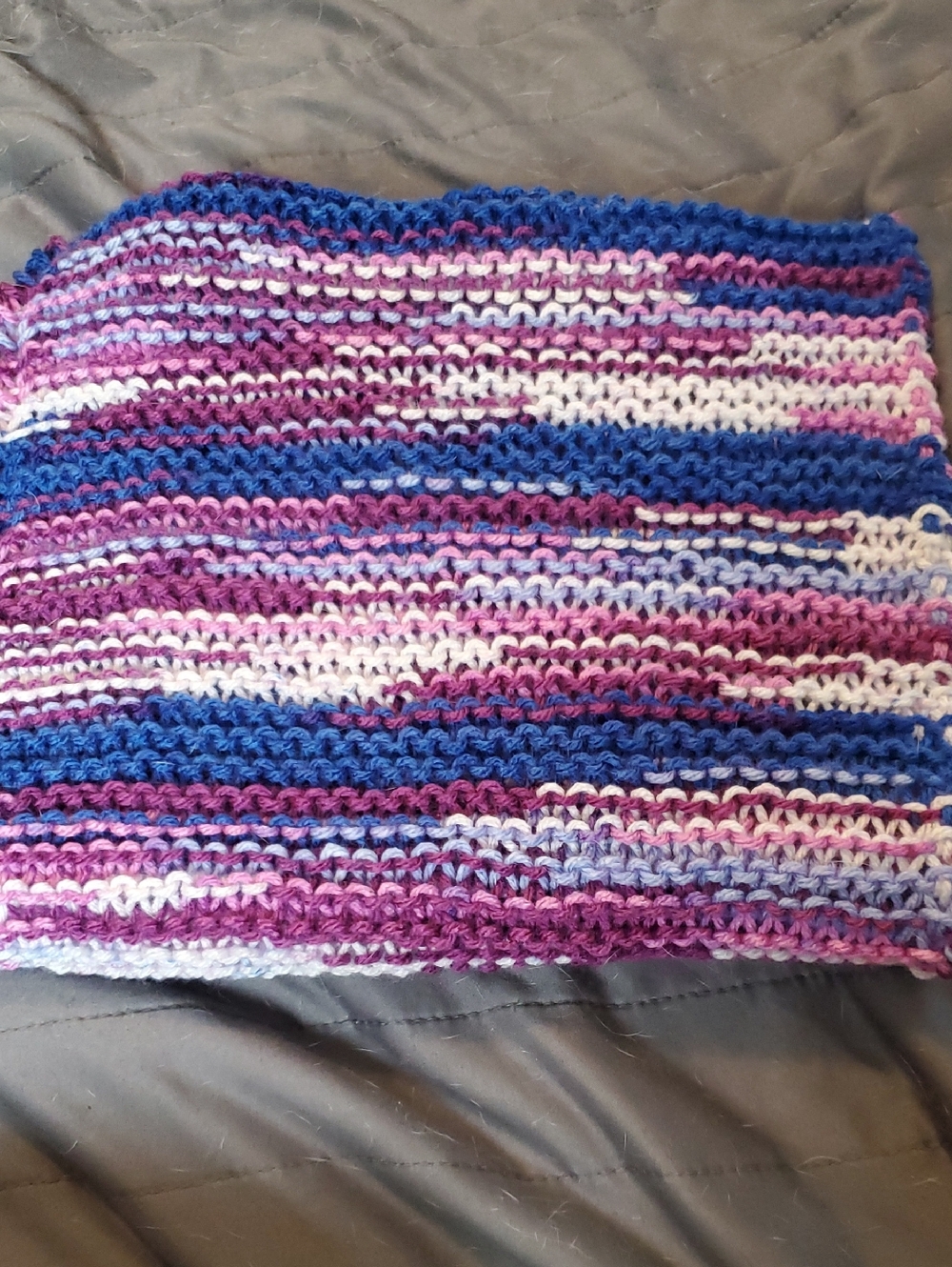 Handmade Knit Table Runner in Blue, Purple & White Stripes